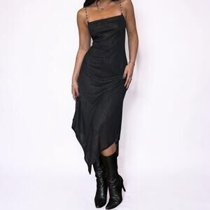 Vintage Y2K Rocket Candy Black Beaded Strap Sheer Glitter Maxi Slip Medium